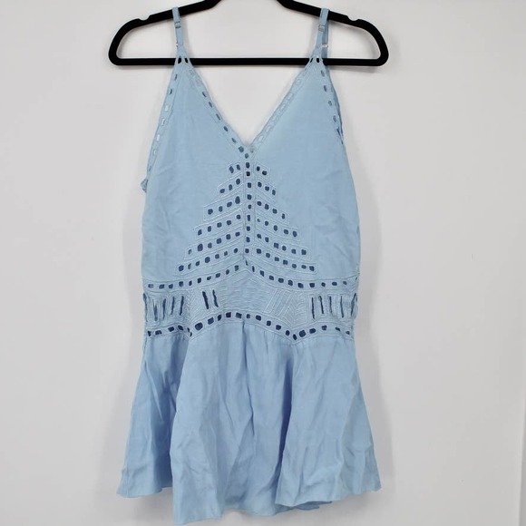 Tiare Hawaii Dresses & Skirts - Tiare Hawaii Blue Eyelet Mini Dress Cover Up Sleeveless Embroidered S/M